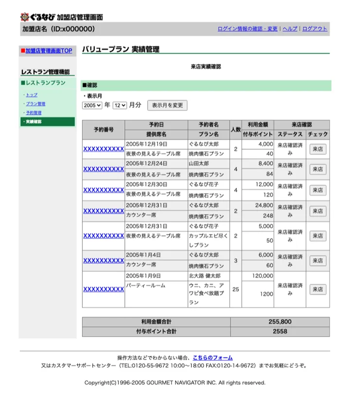 月別に予約情報と利用金額、来店状況を確認する月別利用実績画面（縮小イメージ）