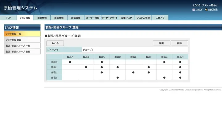 複数の成果物と作業対象をマトリクス形式で関連付ける画面（縮小イメージ）